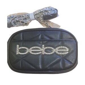 Bebe Zaza Camera Crossbody Bag Black Quilted Rhinestone Logo NEW